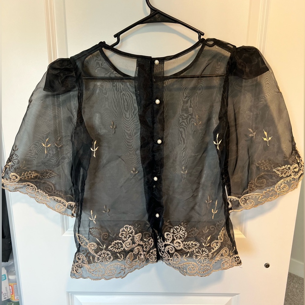 Black Kimona - Sheer black top with gold embroidery